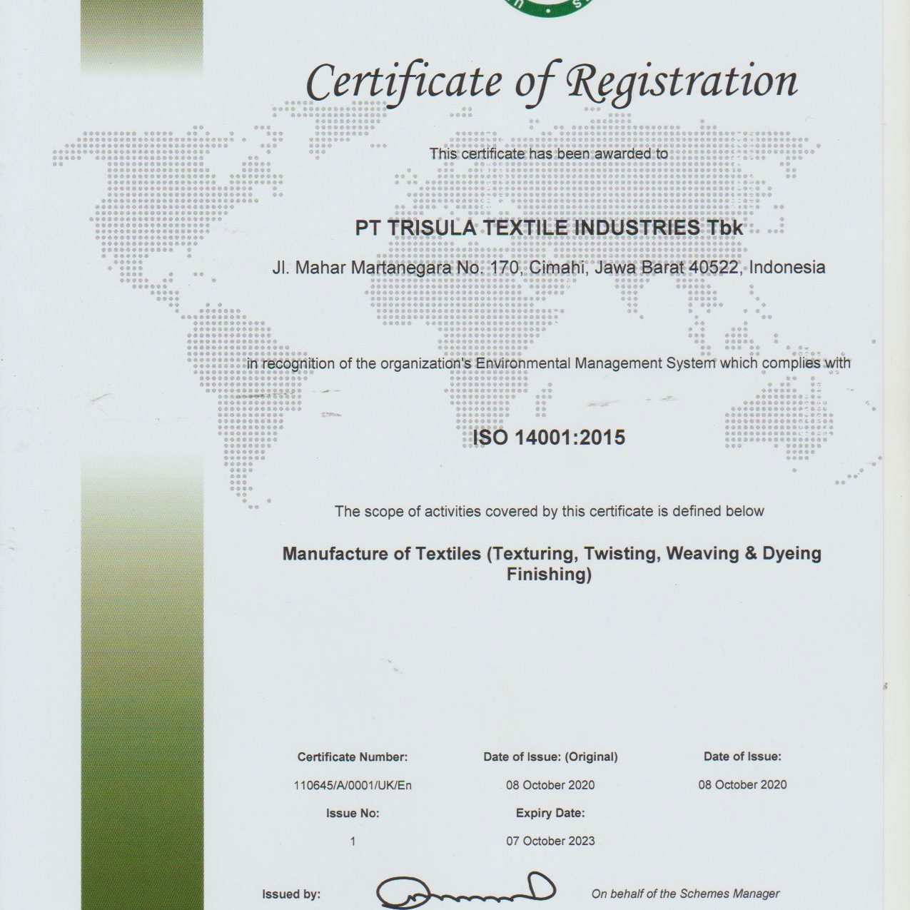 Sertifikat SNI ISO 14001 ; 2015